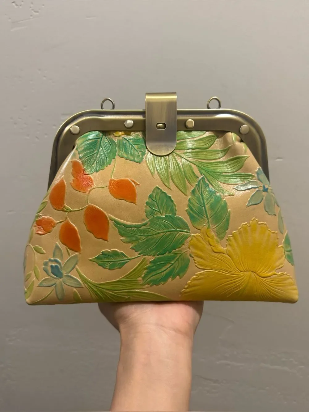 Floral Embossed Cowhide Handmade Unique Rivet Frame Bag, Retro Style Leather Bag